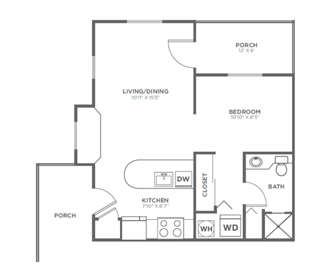Floor plan for 1 bed, 1 bath, 523 sqft